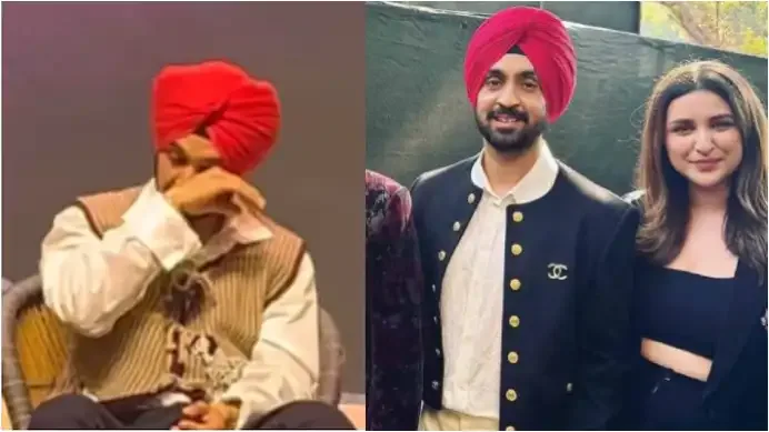 diljit dosanjh crying at the launch of amar singh chamkila (left) diljit dosanjh and preeniti chopra on right