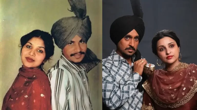 amar singh chamkila and amarjot kaur on left and diljit dosanjh and priniti chopra on right portraying amar singh chamkila and amarjot kaur