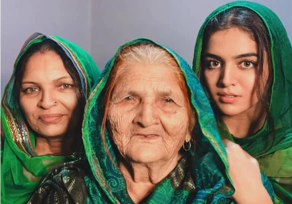 wamiqa gibbi with her sister and grandmother wearing green suit