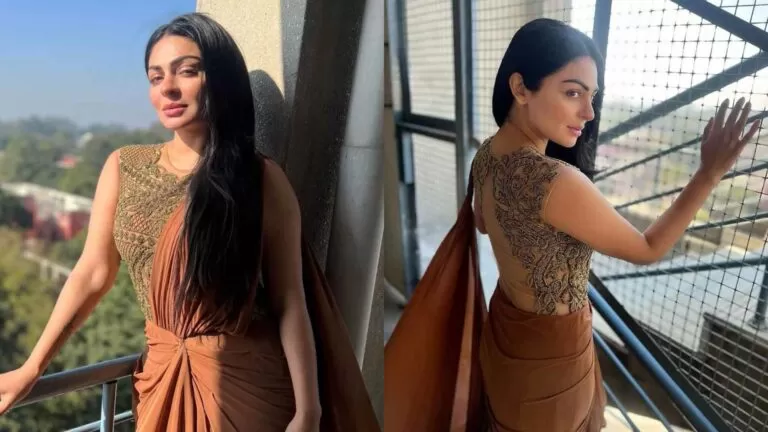 neeru bajwa wearing golden and brown suit